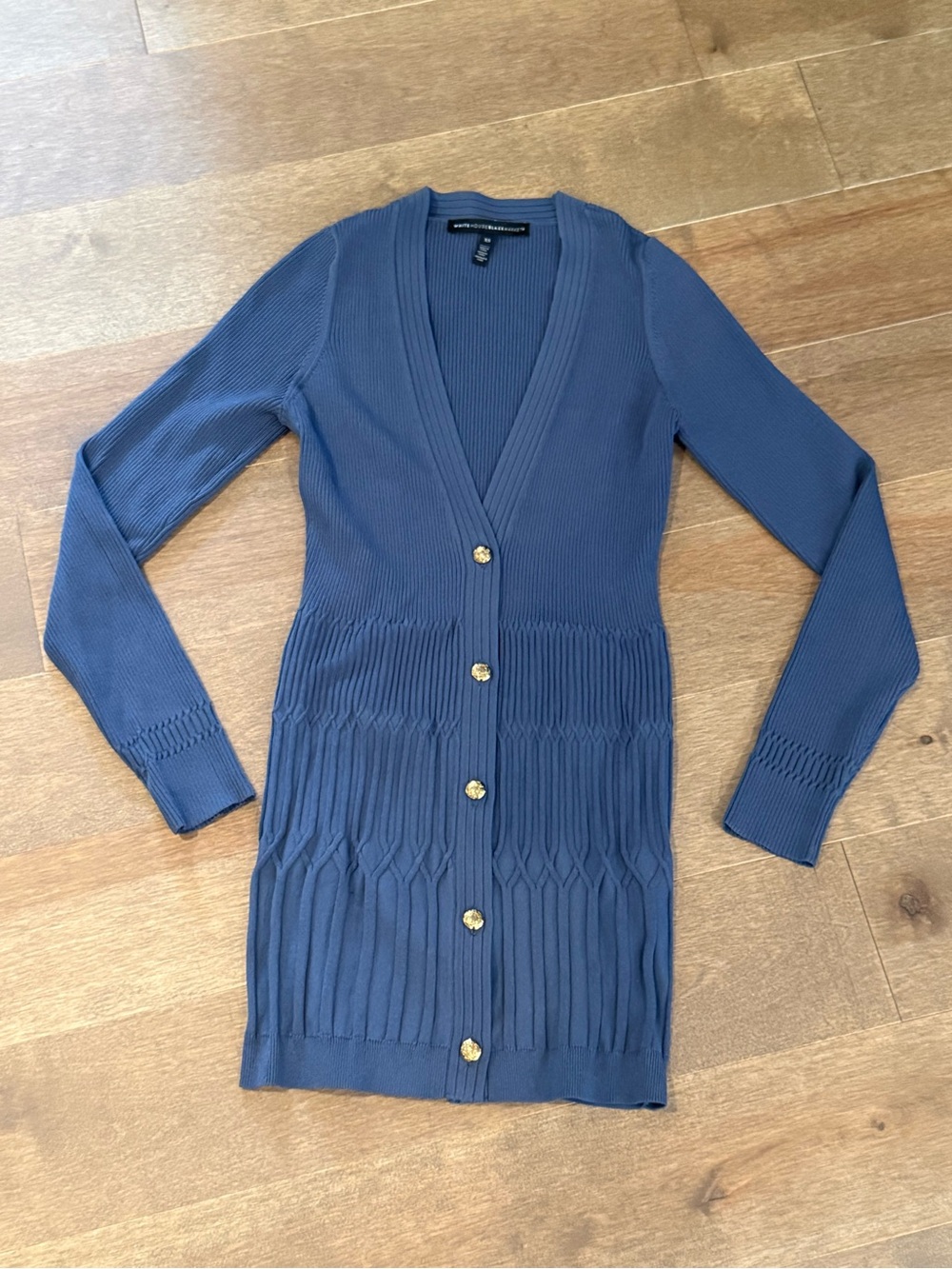 White House Black Market XS Blue Ribbed Long Cardigan Gold Button Sweater